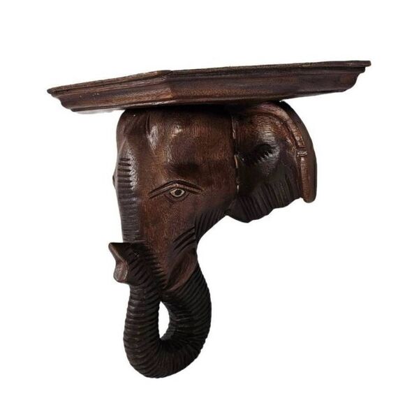 Hand Carved Wooden Elephant Wall Shelf Handmade Thailand Rustic Decor 16" x 13" - Picture 1 of 11